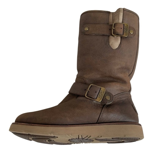 UGG Australia Sutter Brown Leather Sheepskin Mid Calf Buckle Boots Women’s 6 - Picture 3 of 8